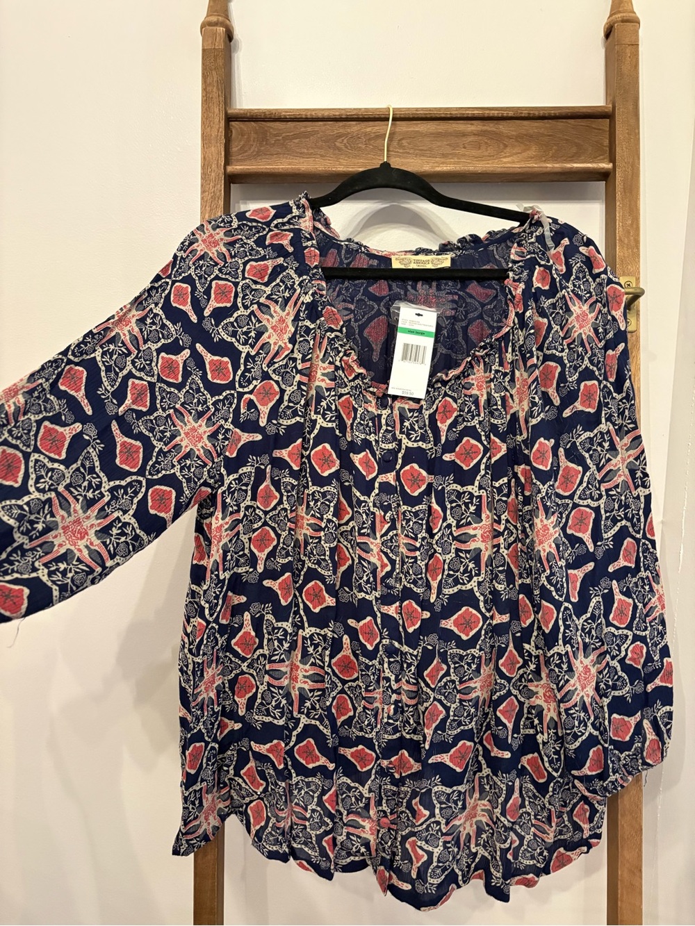 Boho Navy Floral Tie-Neck Blouse - Women Tops Sz L